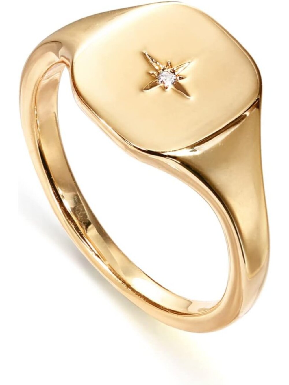 14K Gold Plated Engraved Signet Ring with North Star | Lightweight Thick Stateme - Picture 1 of 6